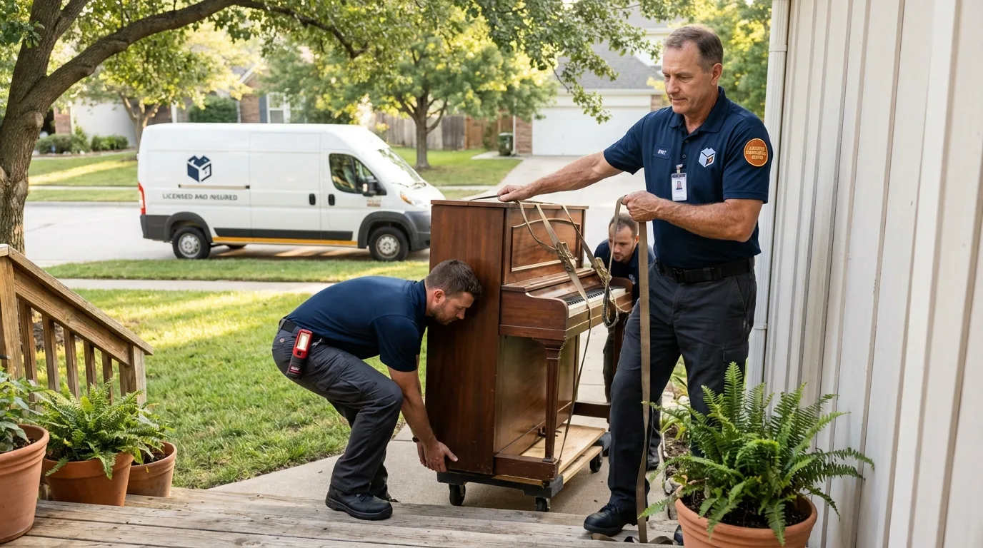 Licensed piano movers securing grand piano in Hobe Sound, FL