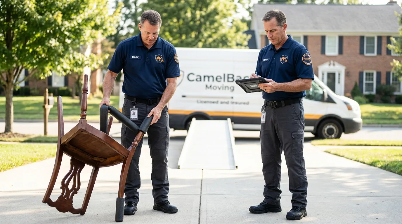 Movers inspecting furniture for damage prevention before loading in Hobe Sound, FL
