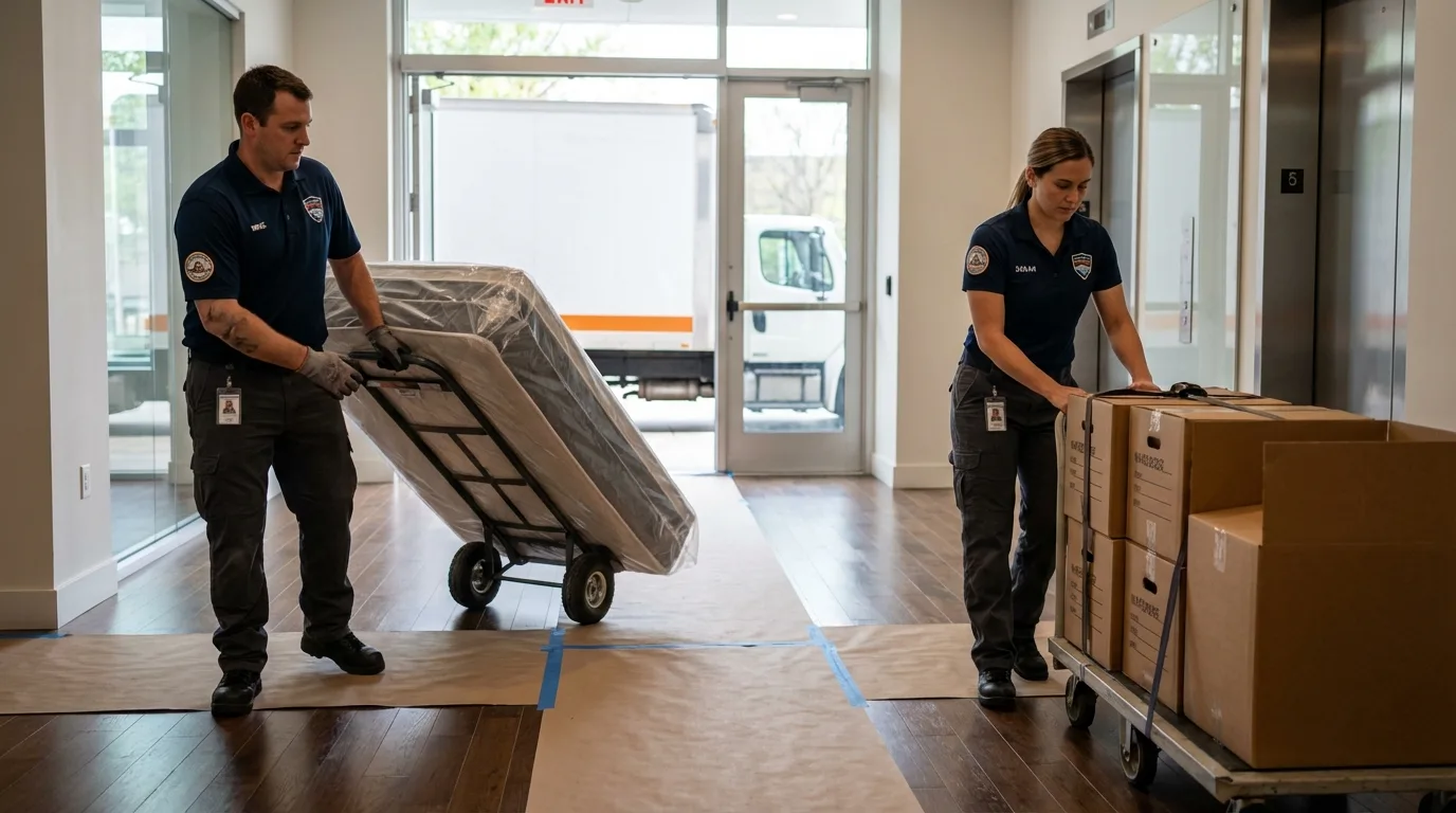 Professional apartment movers loading elevator in Hobe Sound, FL